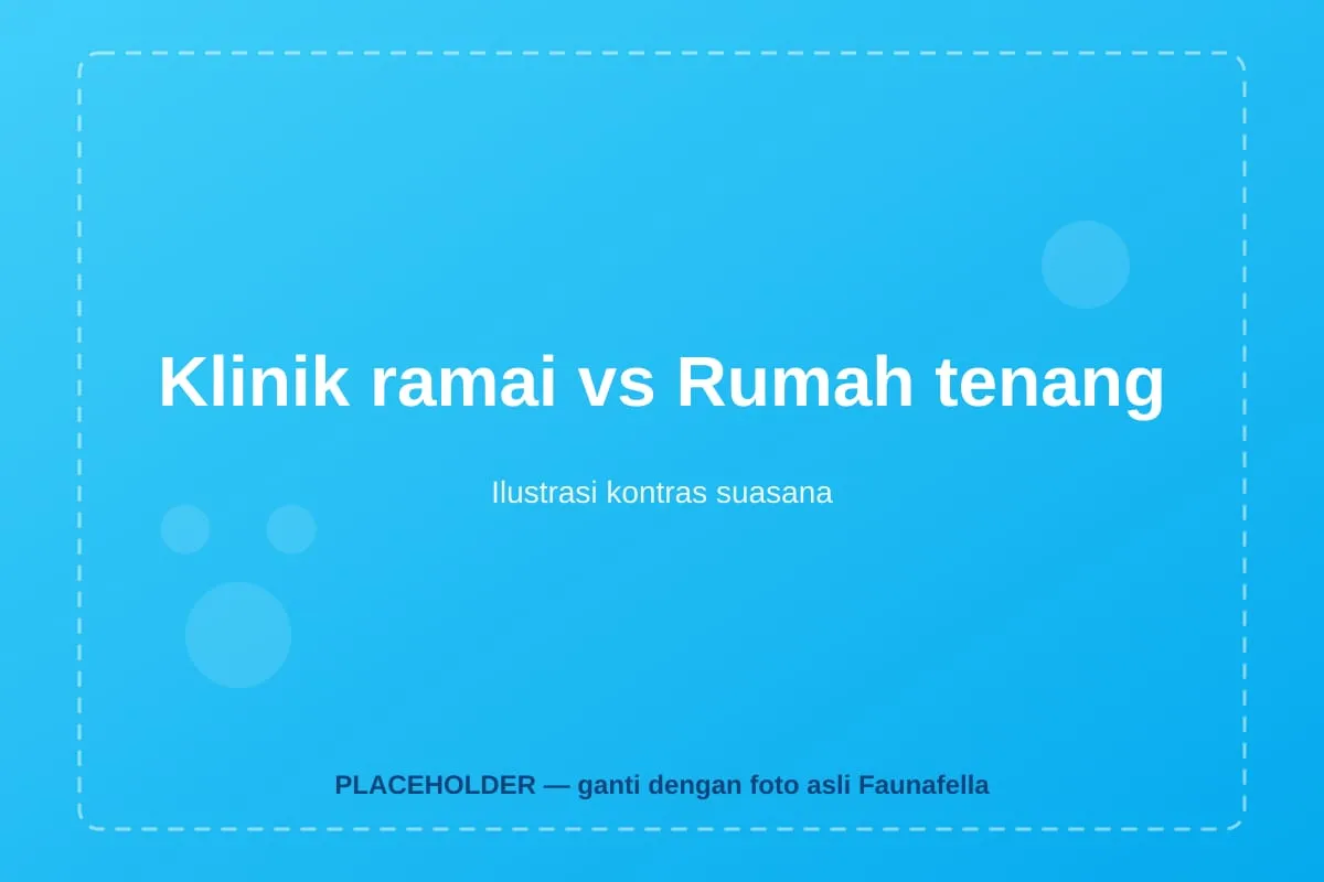Perbandingan suasana klinik hewan yang ramai dengan pemeriksaan tenang di rumah